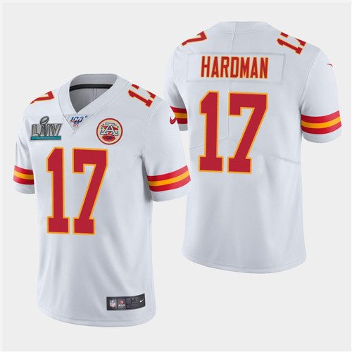 Men's Kansas City Chiefs #17 Mecole Hardman White Super Bowl LIV With 100th Season Patch Vapor Untouchable Limited Stitched NFL Jersey